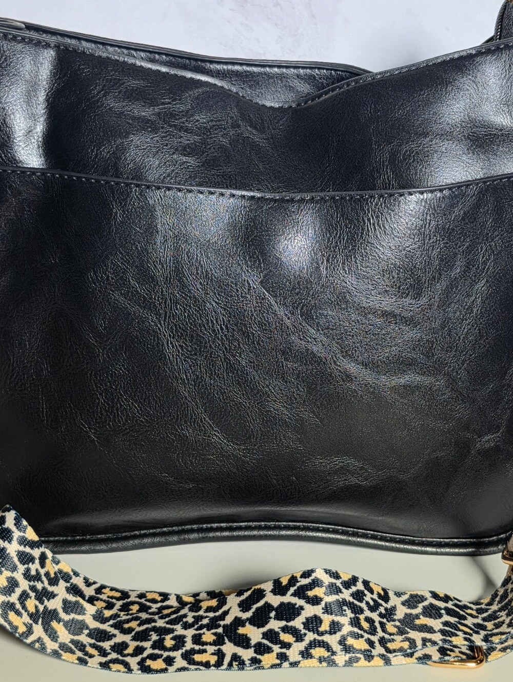 Black Leather Shoulder Bag with Leopard Print Strap